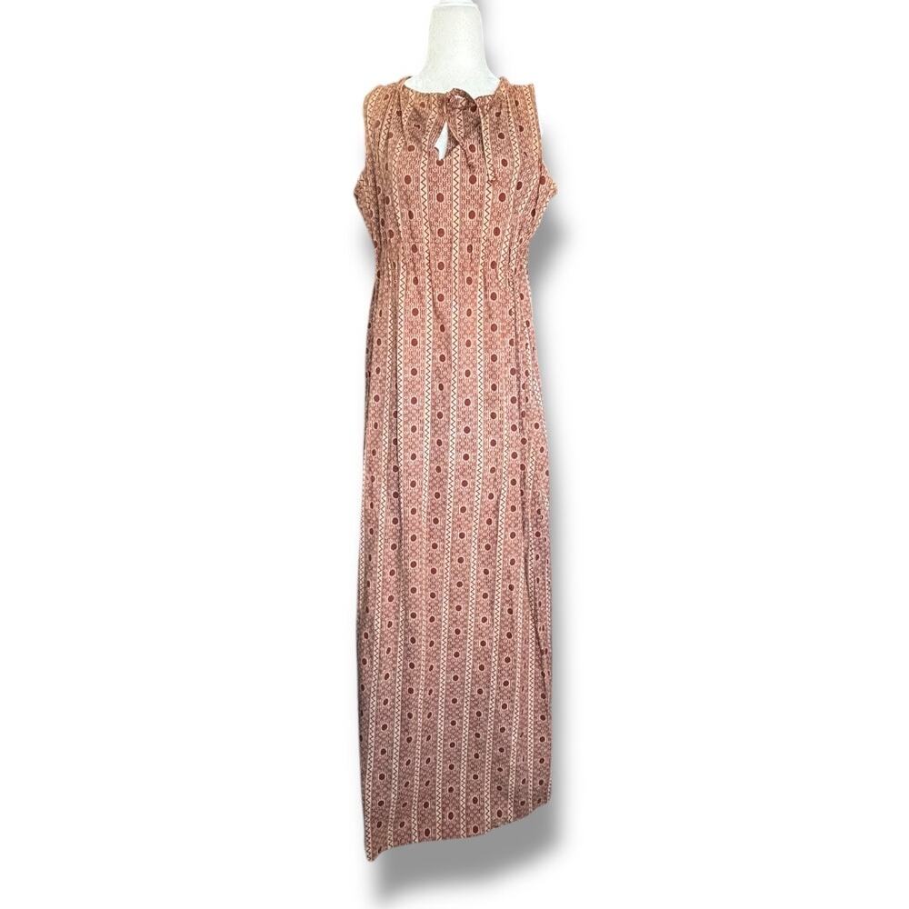 Vintage 90s Thamaga Textiles Botswana Maxi Dress Rust Bow Detail Tie Polka Dot